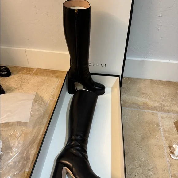 Gucci Nappa Charlotte Nero Boots. Black. 95mm Madame Leather Block Hill. - Picture 2 of 6